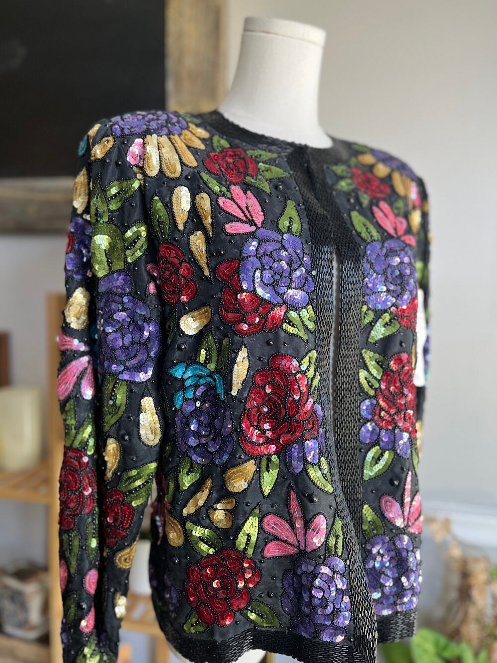 Vintage 90s Silk Beaded Floral Jacket Evening Colorful Size Small